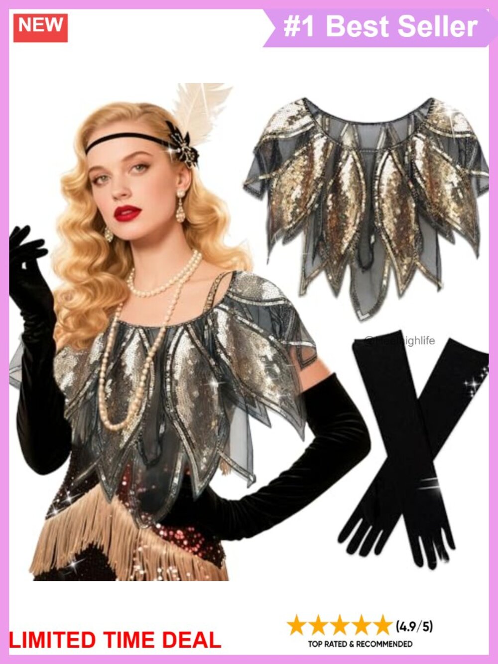 1920s Sequin Beaded Flapper Mesh Shawl & Long Gloves Set Vintage Costume